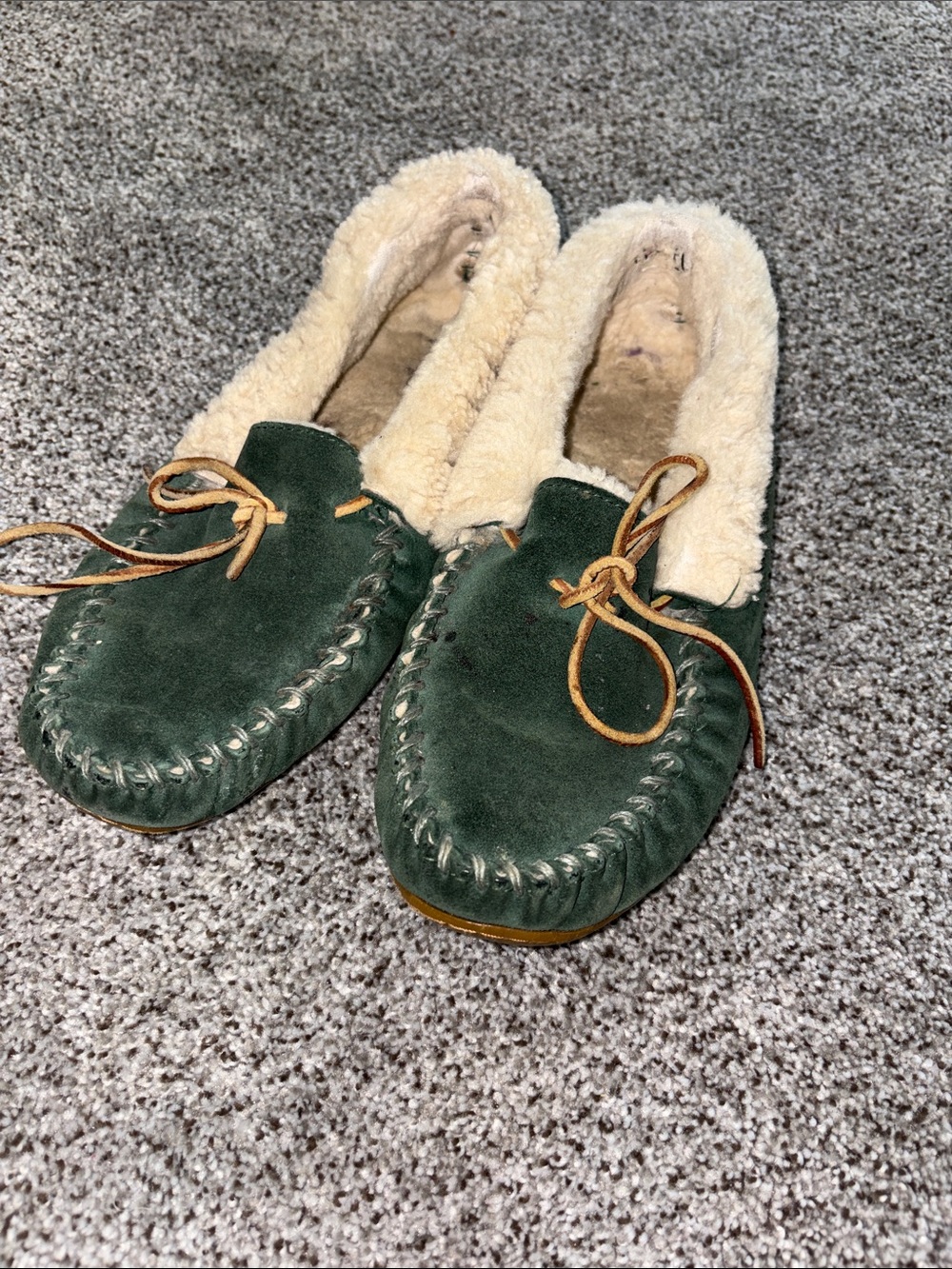 L.L. Bean Green Suede Moccasin Slippers with Cream Shearling Lining